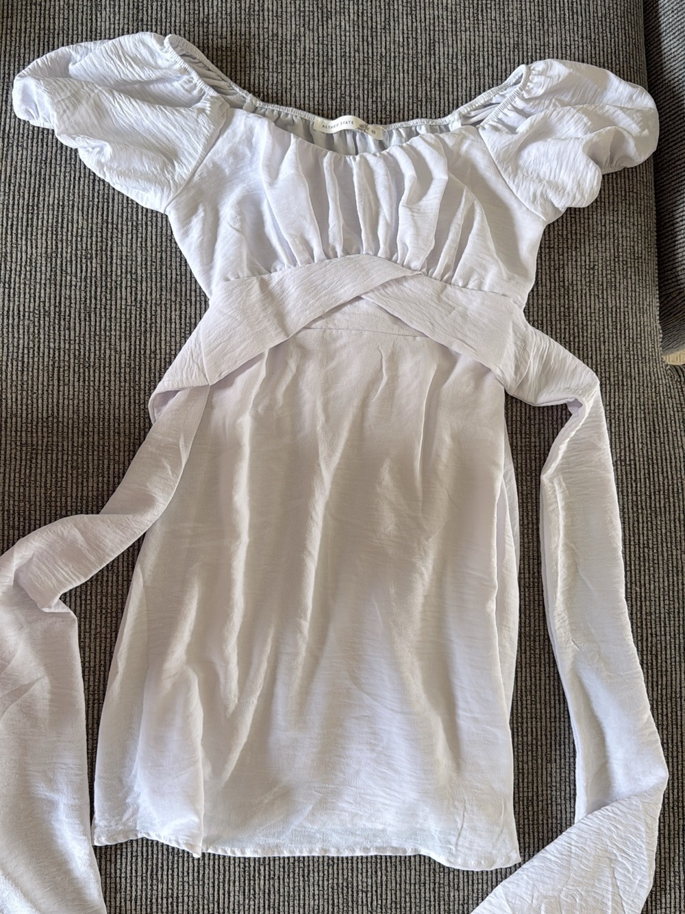 Altar'd State White Puff-Sleeve Mini Dress with Wrap Ties